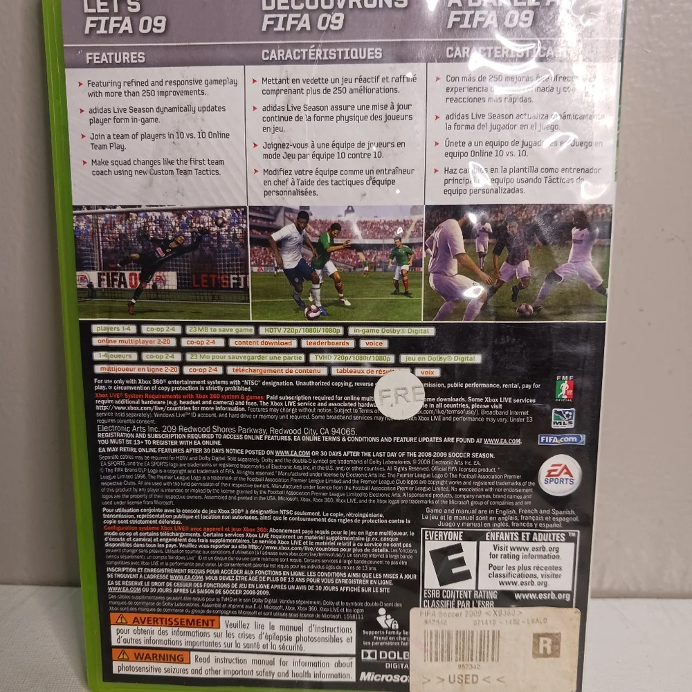 Xbox 360 EA sports, FIFA soccer 09, rated E for everyone, Microsoft